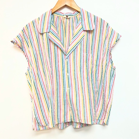 Green Cove Rainbow Striped Button Down Shirt Short Sleeve Boutique Medium Large - Picture 1 of 4